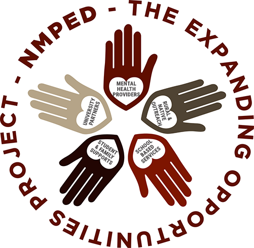NMPED - The Expanding Opportunities Project image with five hands positioned in a circle with phrases in each hand - Mental Health Providers, Rural & Native Outreach, School Based Services, Student & Family Supports, and University Partners